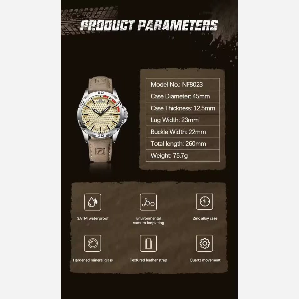 ساعت مچی مردانه نیوی فورس NAVIFORCE مدل nf8023 ژاپنی بند چرم