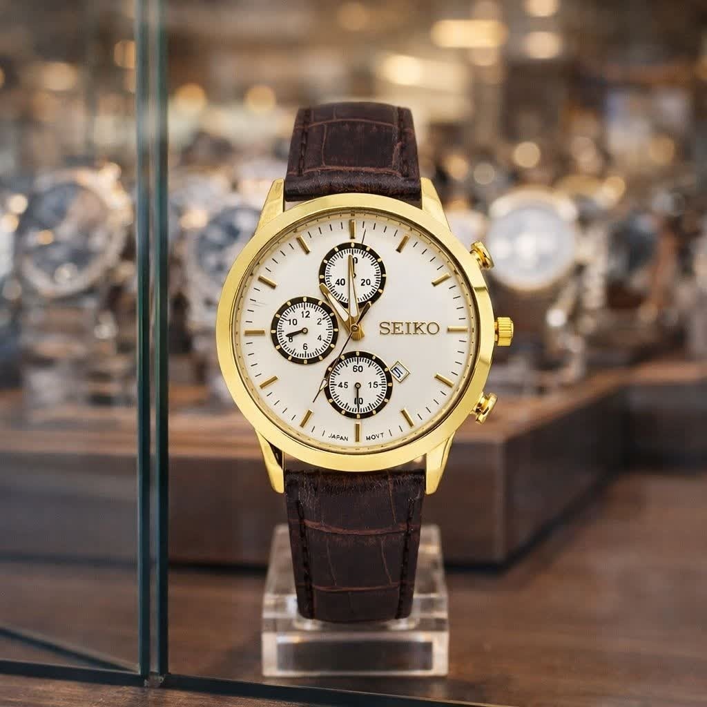 ساعت مچی مردانه سیکو SEIKO بند چرم قهوه ای صفحه سفید
