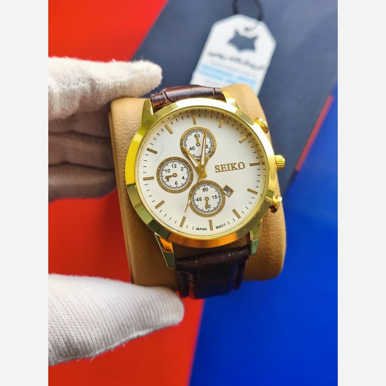 ساعت مچی مردانه سیکو SEIKO بند چرم قهوه ای صفحه سفید