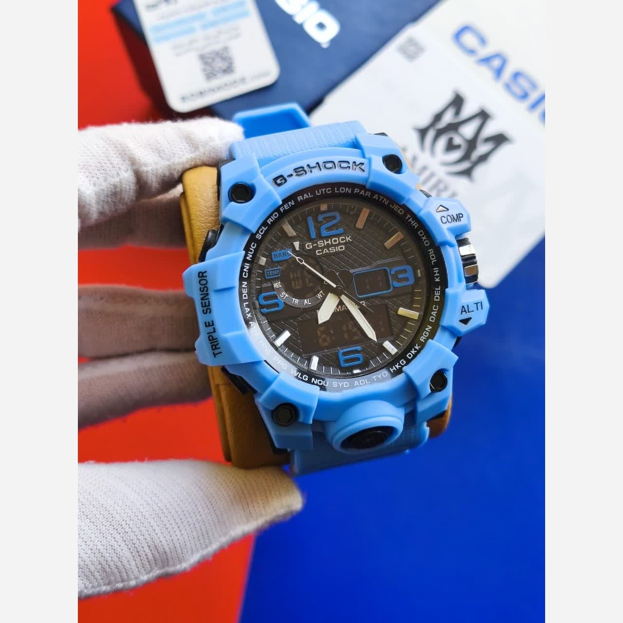 ساعت مچی مردانه عقربه ای و دیجیتال کاسیو جیشاک CASIO G-SHOOK مدل7 آبی کمرنگ