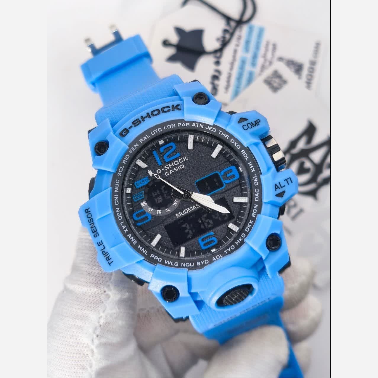ساعت مچی مردانه عقربه ای و دیجیتال کاسیو جیشاک CASIO G-SHOOK مدل7 آبی کمرنگ