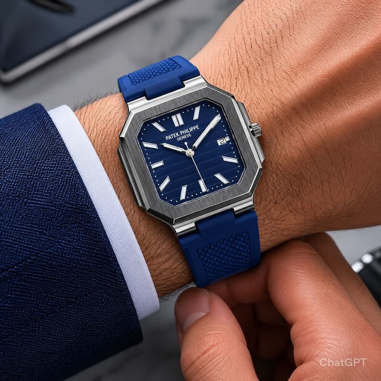 ساعت مچی عقربه ای مردانه پتک فیلیپ PATEKPHILIPPE سرمه ای نقره ای مربعی