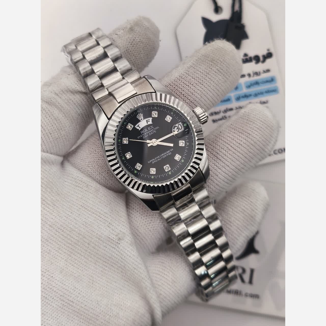 ساعت مچی زنانه رولکس ROLEX دو تقویمه نقره ای مشکی