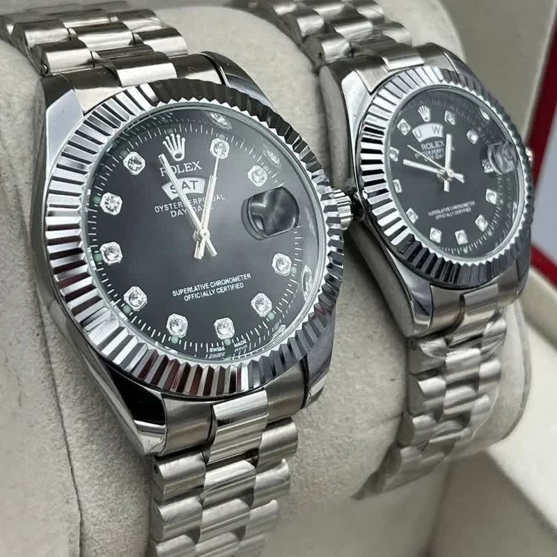 ساعت مچی زنانه رولکس ROLEX دو تقویمه نقره ای مشکی
