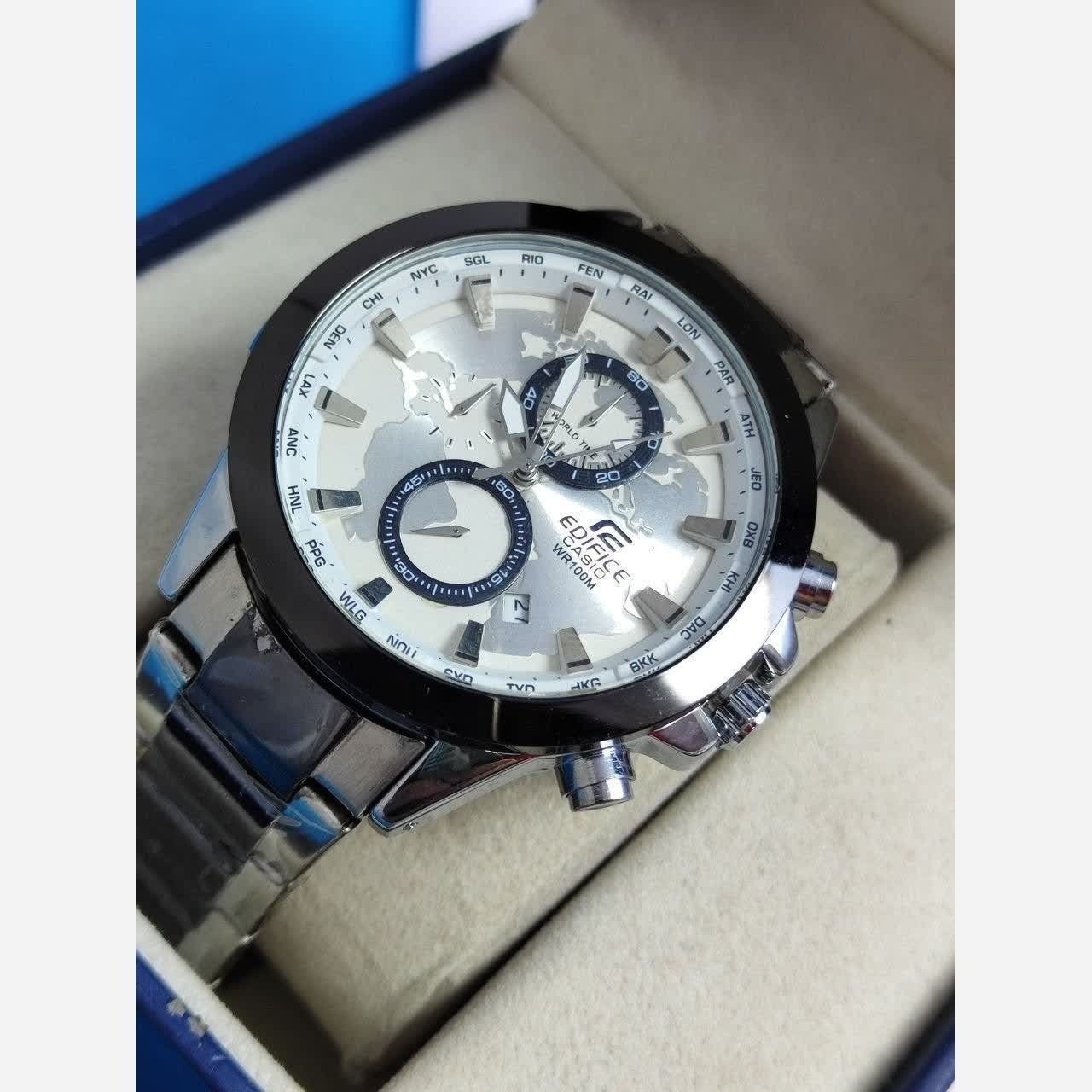 ساعت مچی مردانه کاسیو CASIO EDIFICE موتور ژاپن صفحه سفید دور مشکی