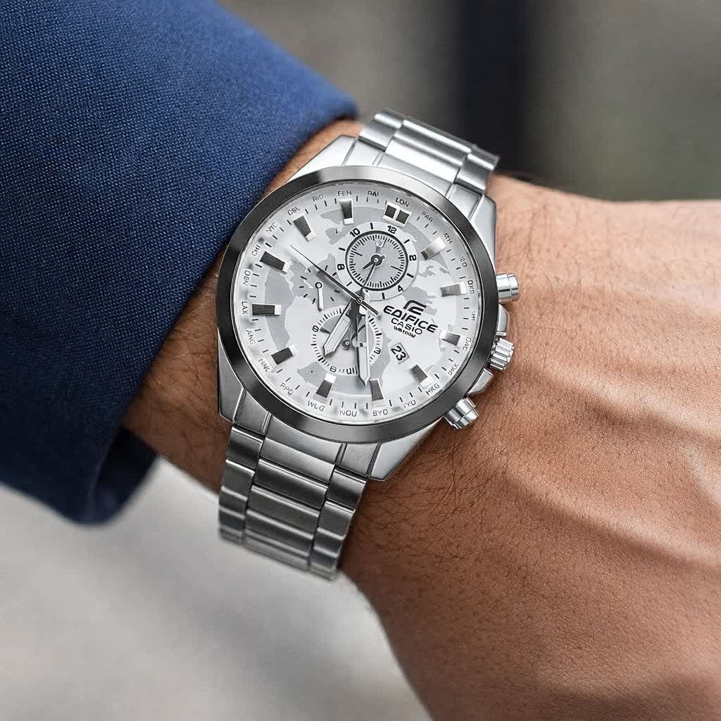 ساعت مچی مردانه کاسیو CASIO EDIFICE موتور ژاپن صفحه سفید دور مشکی