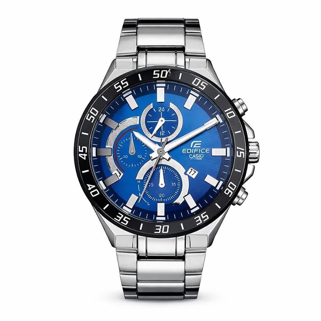 ساعت مچی مردانه کاسیو CASIO EDIFICE موتور ژاپنی صفحه آبی دور مشکی