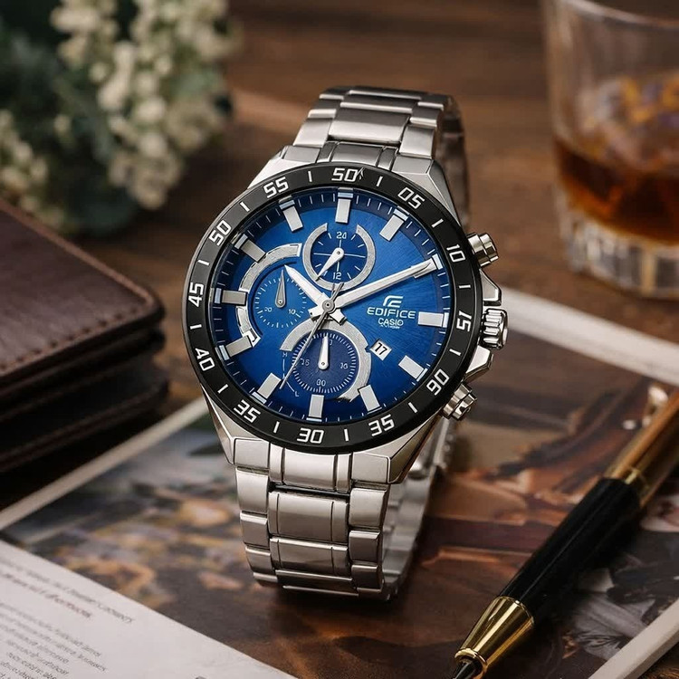 ساعت مچی مردانه کاسیو CASIO EDIFICE موتور ژاپنی صفحه آبی دور مشکی