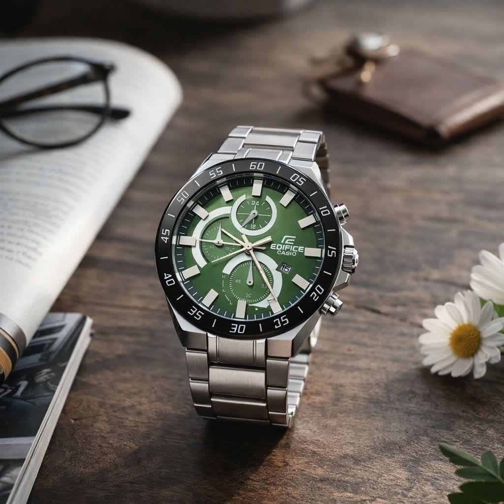 ساعت مچی مردانه کاسیو CASIO EDIFICE موتور ژاپنی صفحه سبز دور مشکی