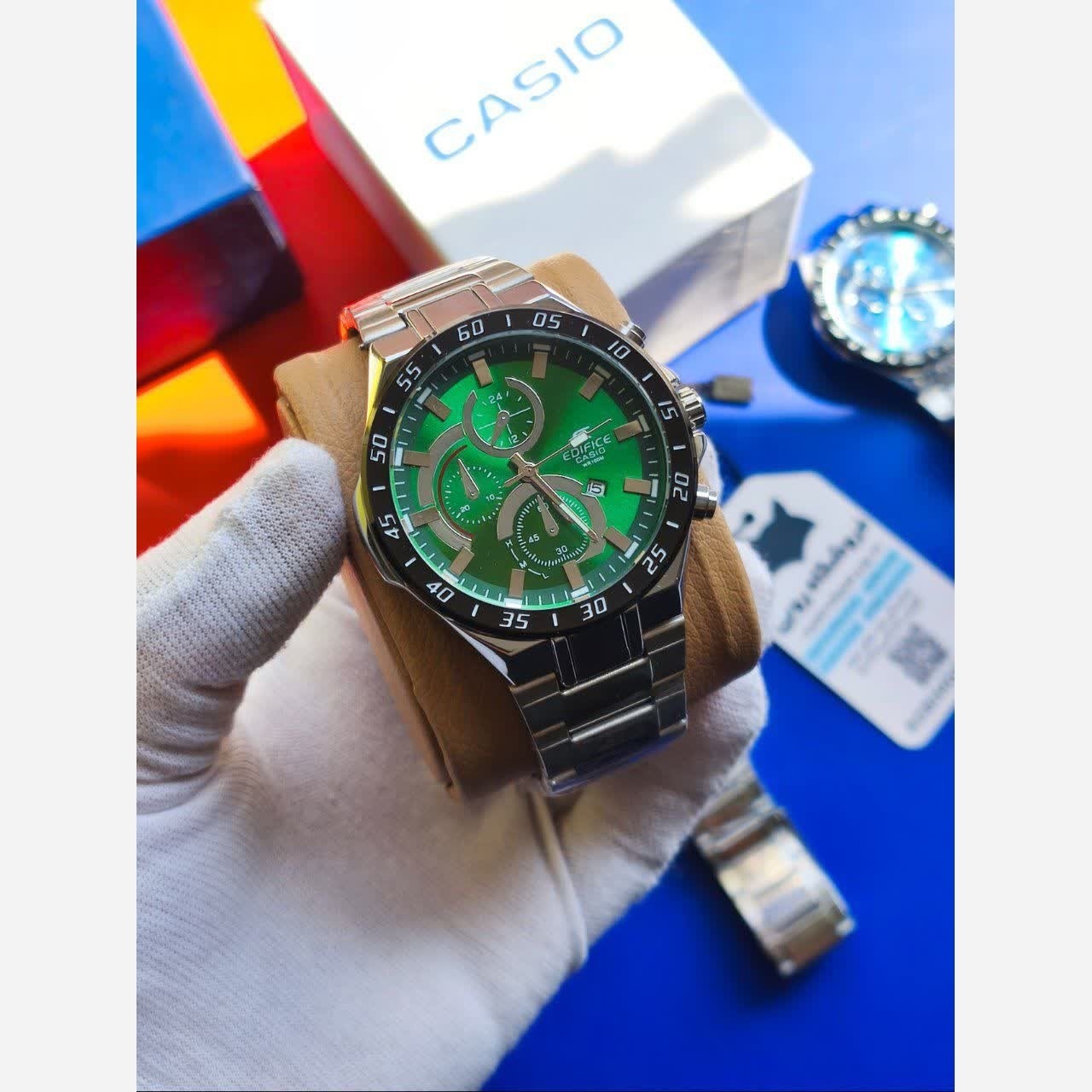 ساعت مچی مردانه کاسیو CASIO EDIFICE موتور ژاپنی صفحه سبز دور مشکی