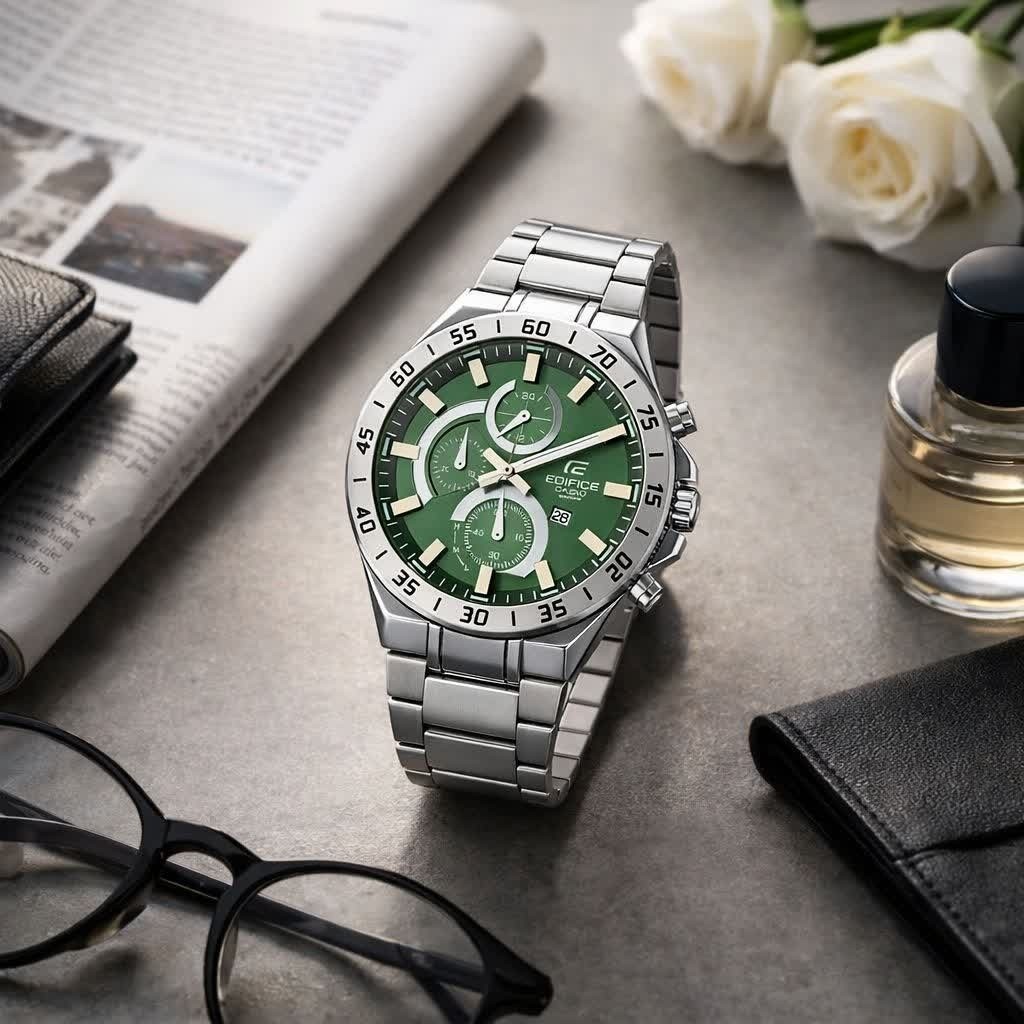ساعت مچی مردانه کاسیو CASIO EDIFICE موتور ژاپنی صفحه سبز دور سفید