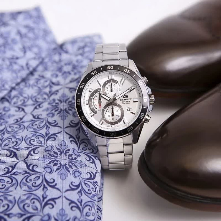 ساعت مچی مردانه کاسیو CASIO EDIFICE موتور ژاپنی صفحه سفید دور مشکی