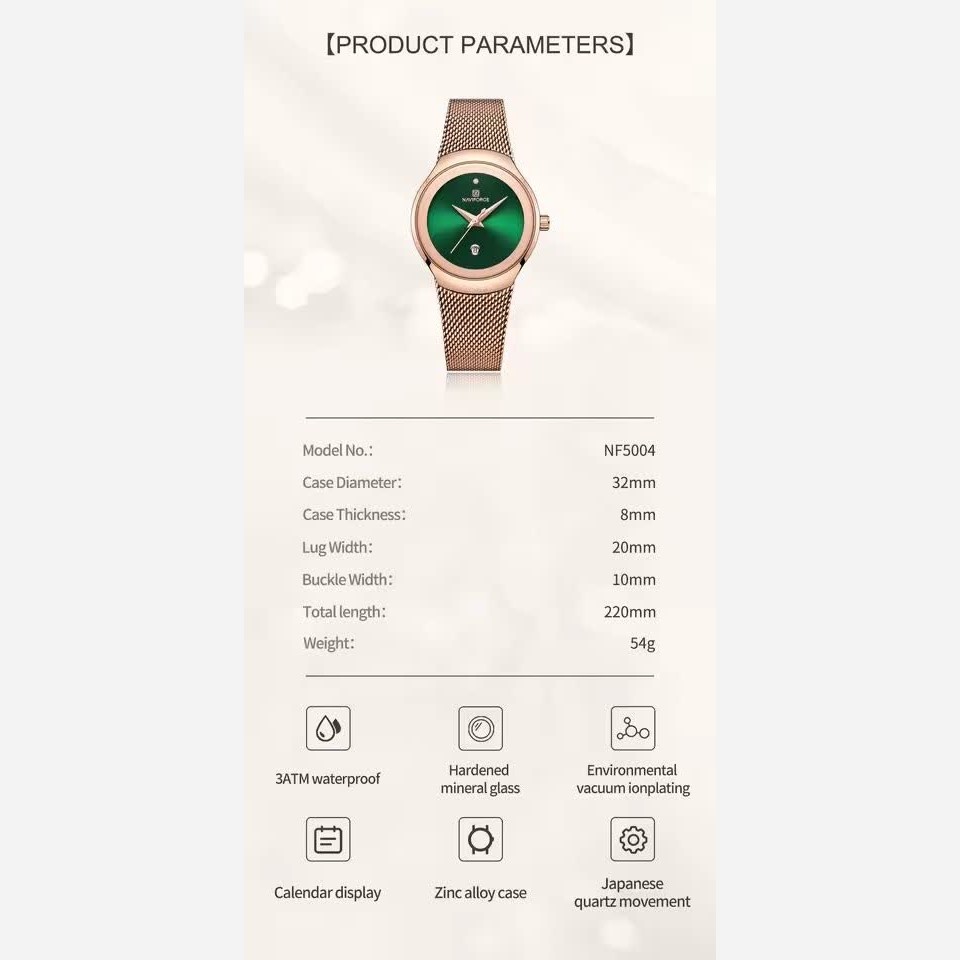 ساعت مچی عقربه ای زنانه نیوی فورس NAVIFORCE مدل Nf5004 موتور ژاپن صفحه سبز