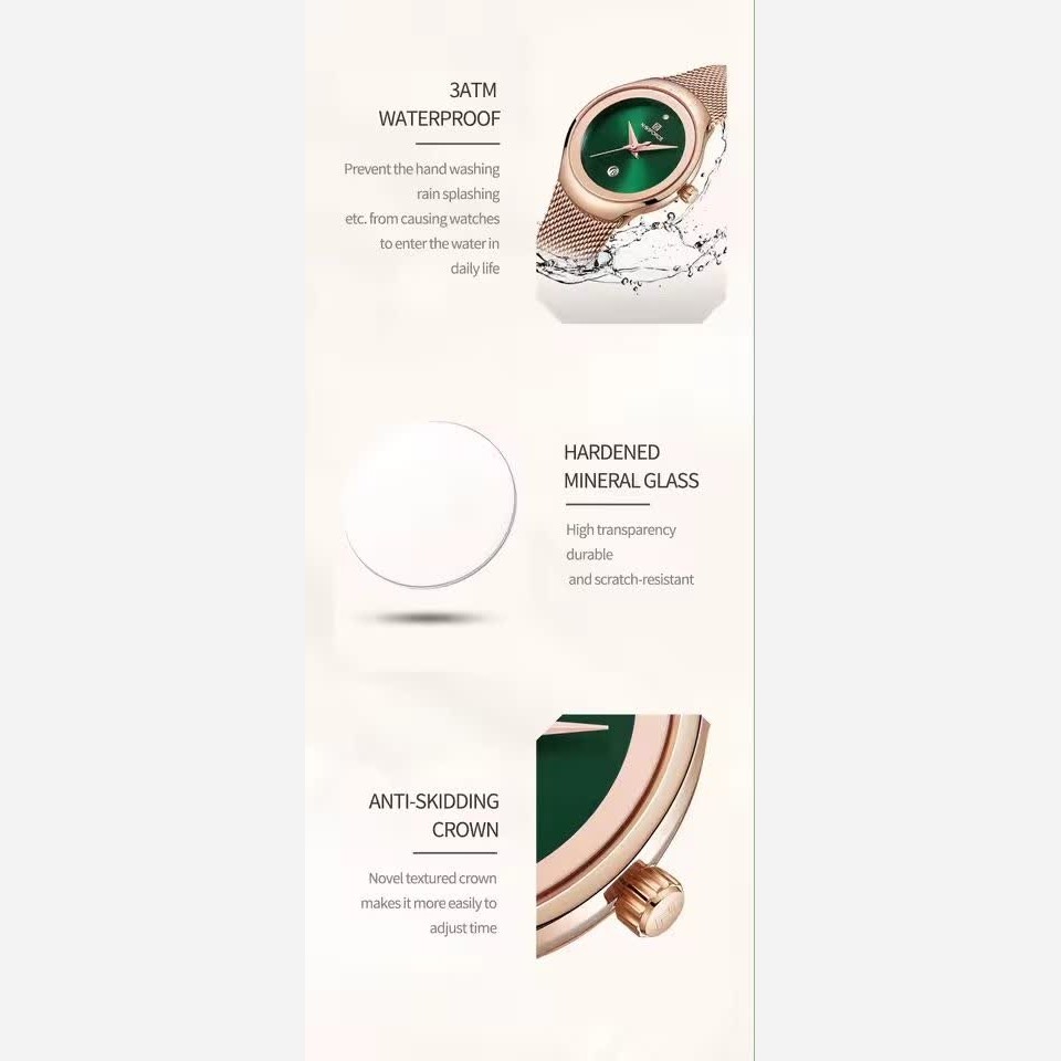 ساعت مچی عقربه ای زنانه نیوی فورس NAVIFORCE مدل Nf5004 موتور ژاپن صفحه سبز