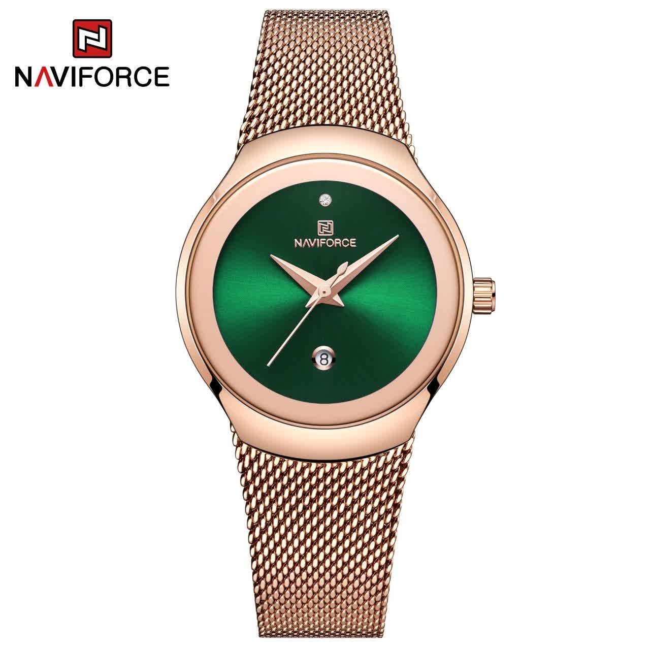 ساعت مچی عقربه ای زنانه نیوی فورس NAVIFORCE مدل Nf5004 موتور ژاپن صفحه سبز
