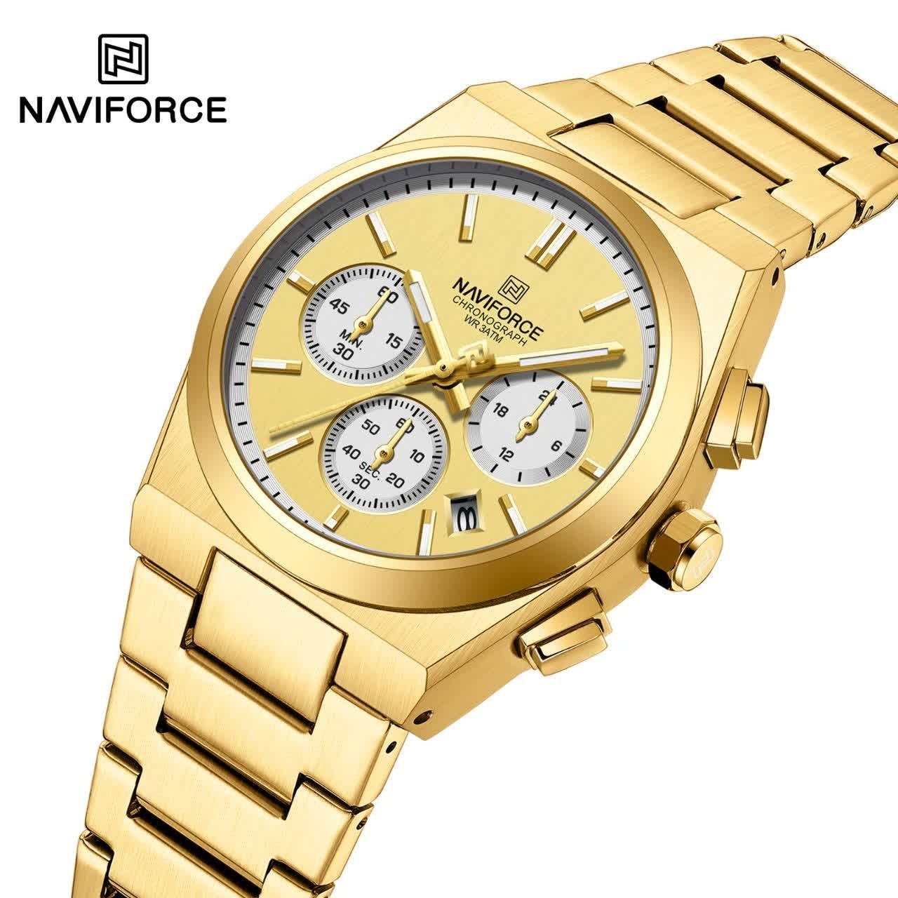 ساعت مچی کرنوگراف زنانه نیوی فورس NAVIFORCE مدل Nf8048 موتور ژاپن طلایی