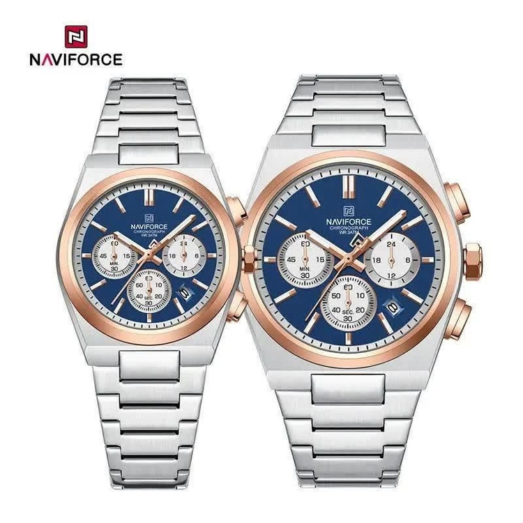 ست ساعت مچی زنانه و مردانه کرنوگراف نیوی فورس NAVIFORCE مدل Nf8048 موتور ژاپن نقره ای آبی