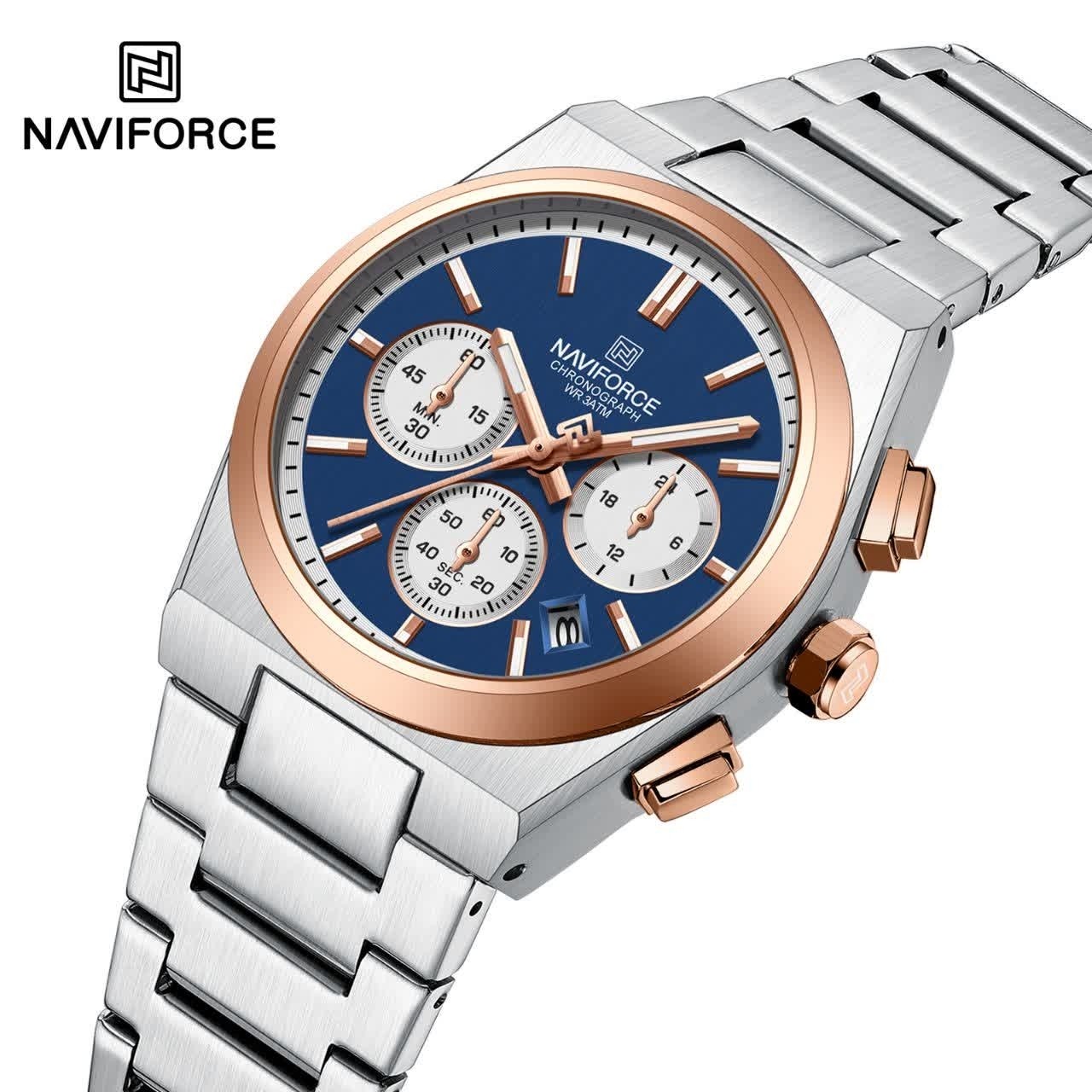 ست ساعت مچی زنانه و مردانه کرنوگراف نیوی فورس NAVIFORCE مدل Nf8048 موتور ژاپن نقره ای آبی