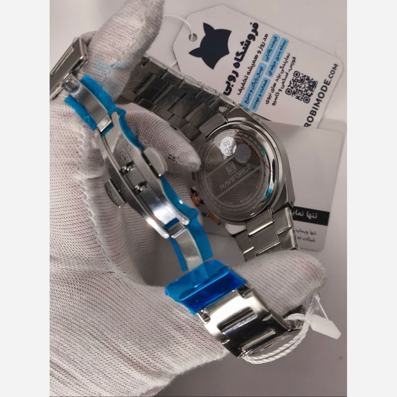 ست ساعت مچی زنانه و مردانه کرنوگراف نیوی فورس NAVIFORCE مدل Nf8048 موتور ژاپن نقره ای آبی
