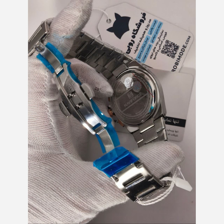 ست ساعت مچی زنانه و مردانه کرنوگراف نیوی فورس NAVIFORCE مدل Nf8048 موتور ژاپن نقره ای آبی