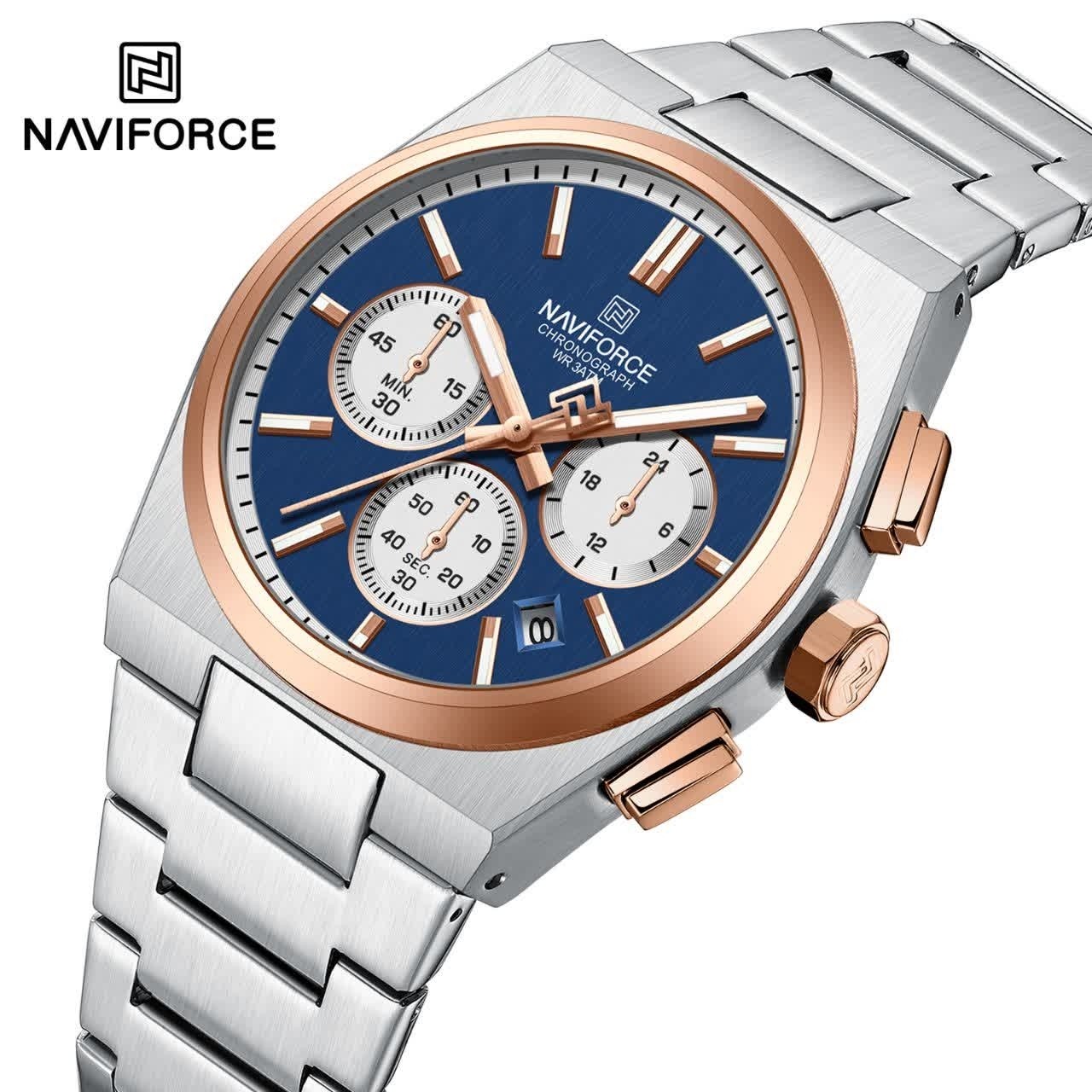 ست ساعت مچی زنانه و مردانه کرنوگراف نیوی فورس NAVIFORCE مدل Nf8048 موتور ژاپن نقره ای آبی