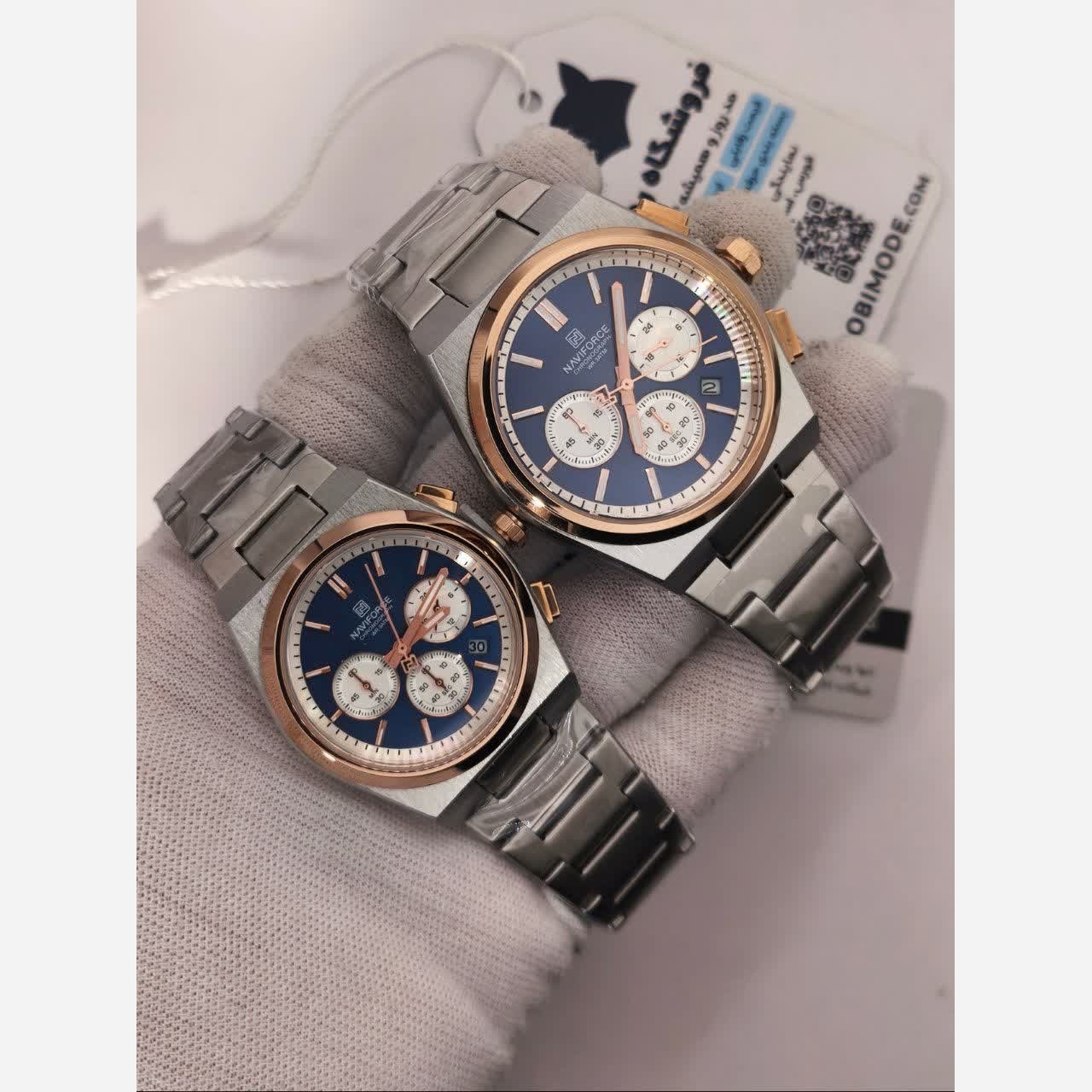 ست ساعت مچی زنانه و مردانه کرنوگراف نیوی فورس NAVIFORCE مدل Nf8048 موتور ژاپن نقره ای آبی