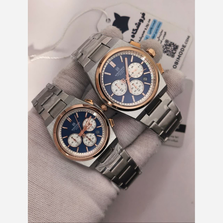 ست ساعت مچی زنانه و مردانه کرنوگراف نیوی فورس NAVIFORCE مدل Nf8048 موتور ژاپن نقره ای آبی