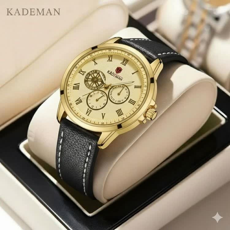 ساعت مچی مردانه کرنوگراف کیدمن KADEMAN بند چرم مشکی صفحه طلایی