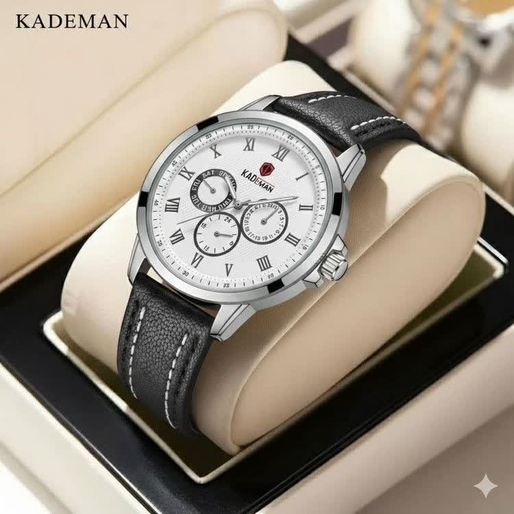 ساعت مچی مردانه کرنوگراف کیدمن KADEMAN بند چرم مشکی صفحه سفید دوخت سفید