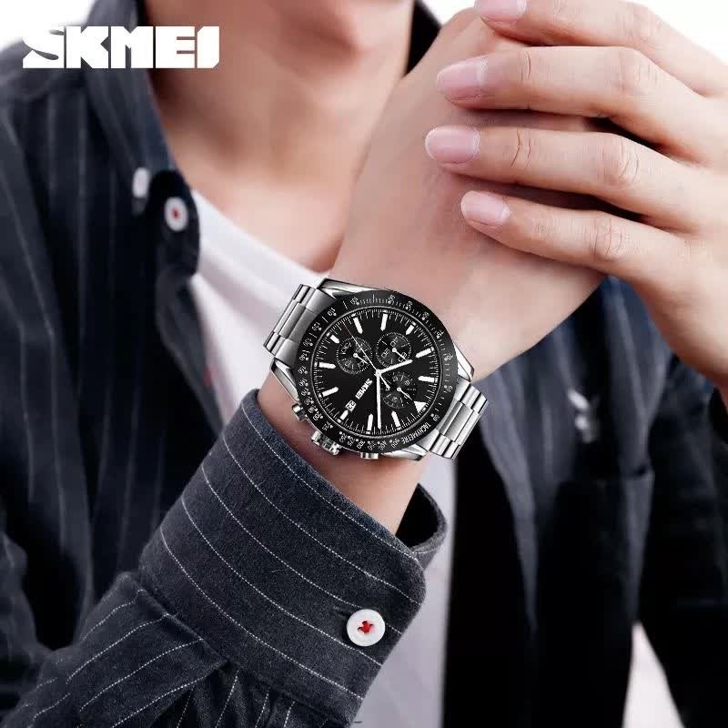 ساعت مچی مردانه کرنوگراف اسکمی SKMEI مدل 9253 سه موتوره صفحه مشکی