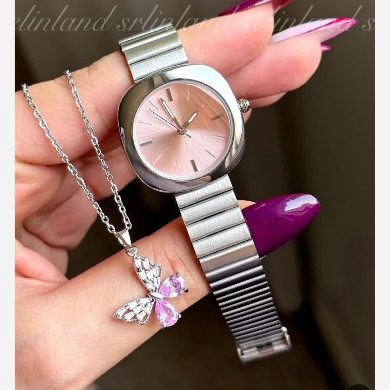 ساعت مچی دخترانه برند هولی مولی بند کرکره ای مربع داخل دایره صورتی