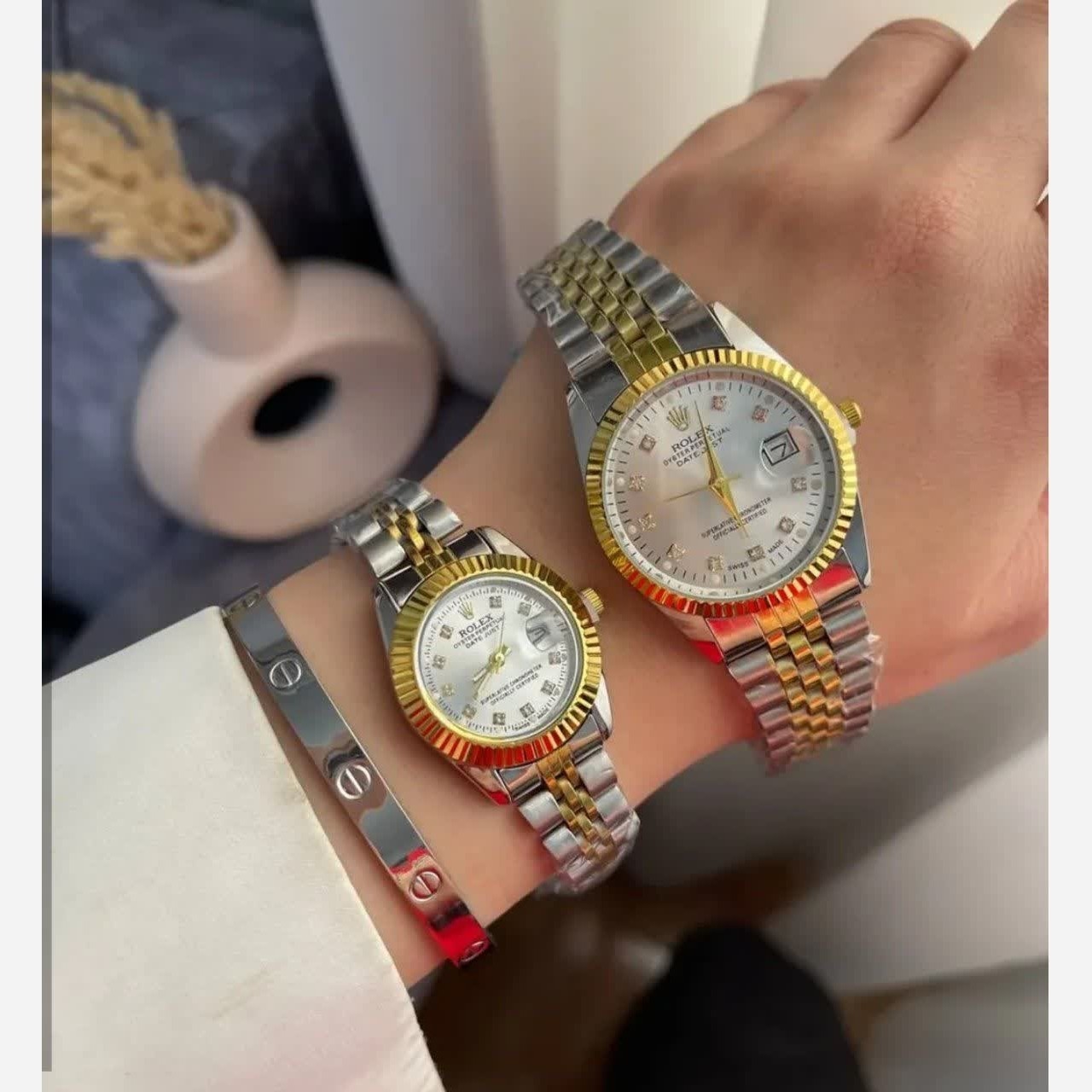 ست ساعت رولکس دیت جاست زنانه و مردانه ROLEX Date just نقره ای رگه طلایی سفید