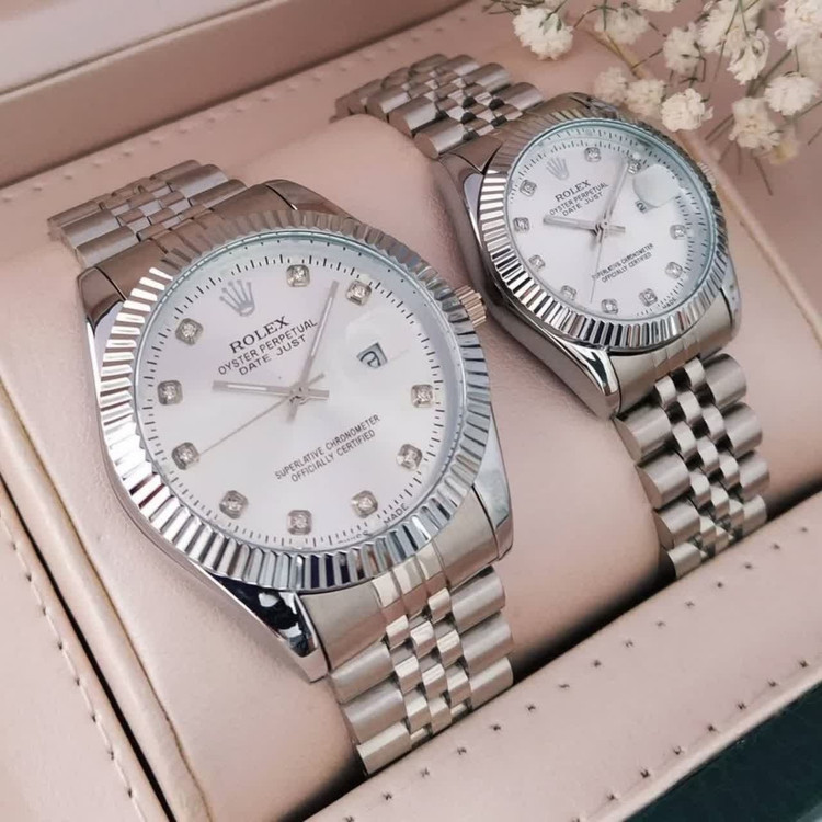 ست ساعت رولکس دیت جاست زنانه و مردانه ROLEX Date just نقره ای سفید