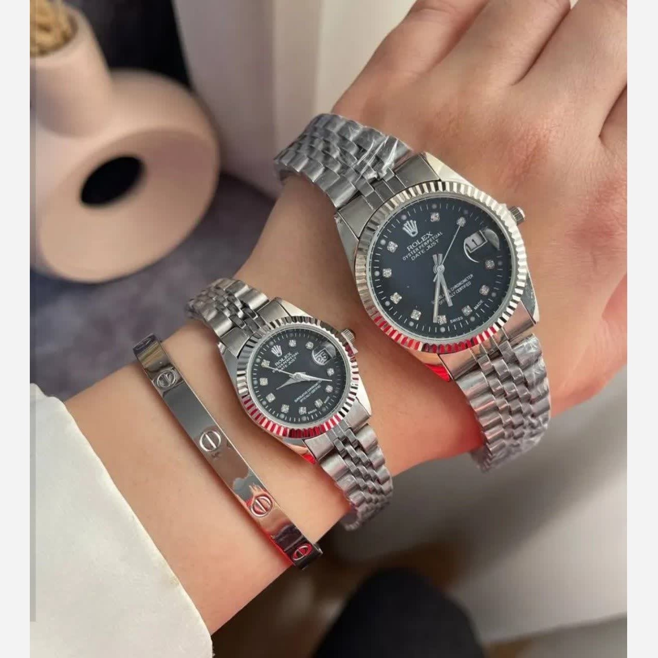 ست ساعت رولکس دیت جاست زنانه و مردانه ROLEX Date just نقره ای مشکی