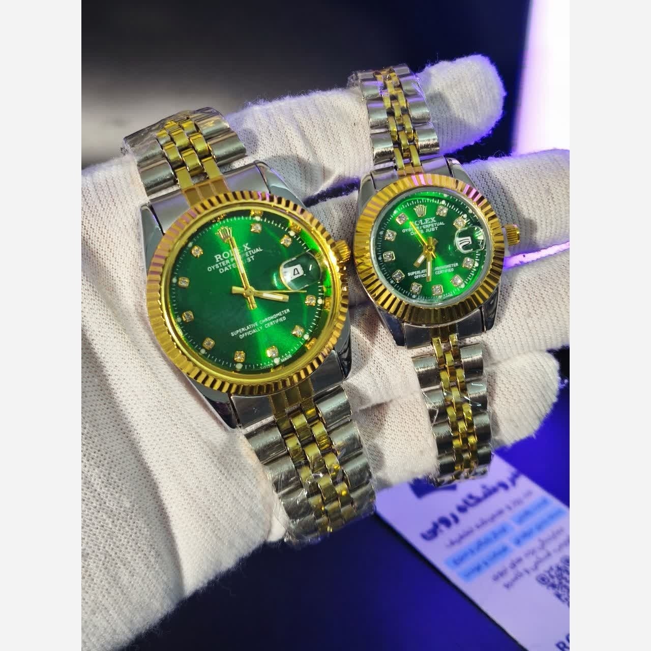 ست ساعت رولکس دیت جاست زنانه و مردانه ROLEX Date just رگه طلایی سبز
