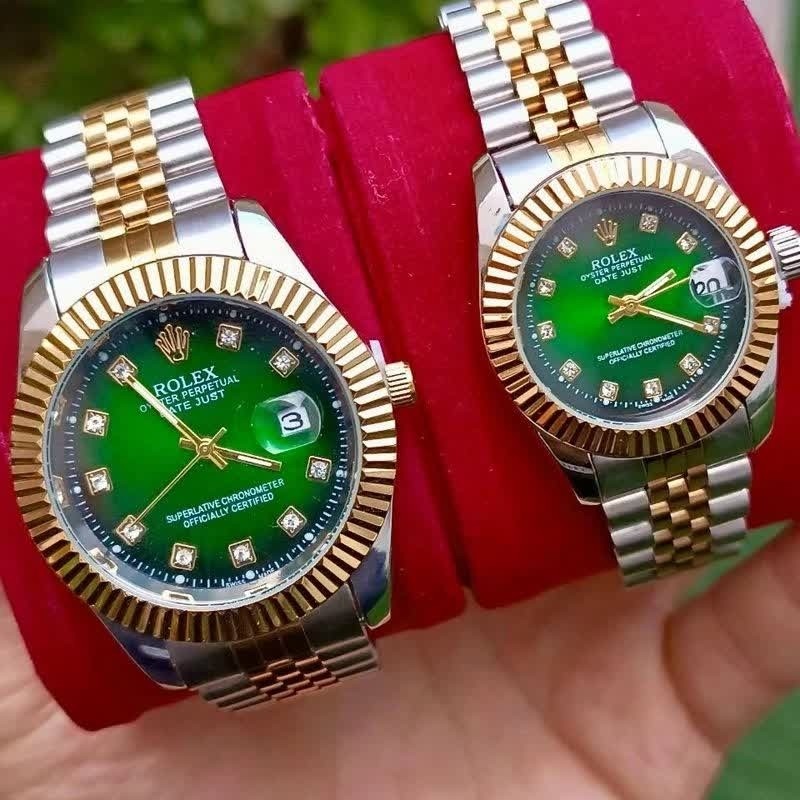 ست ساعت رولکس دیت جاست زنانه و مردانه ROLEX Date just رگه طلایی سبز