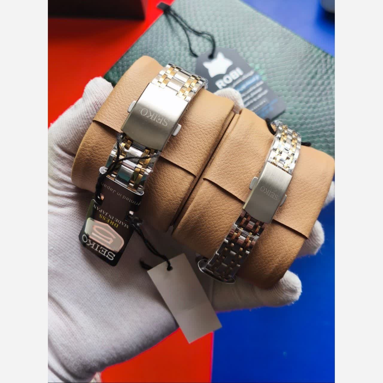 ست ساعت مچی زنانه و مردانه سیکو SEIKO دو تاریخه ژاپنی صفحه مشکی