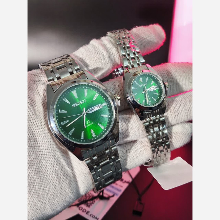 ست ساعت مچی زنانه و مردانه سیکو SEIKO دو تاریخه ژاپنی صفحه سبز