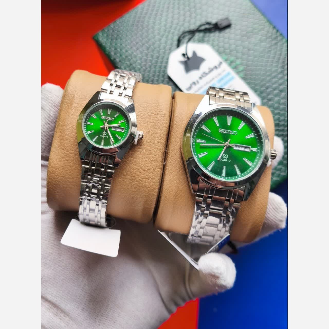 ست ساعت مچی زنانه و مردانه سیکو SEIKO دو تاریخه ژاپنی صفحه سبز