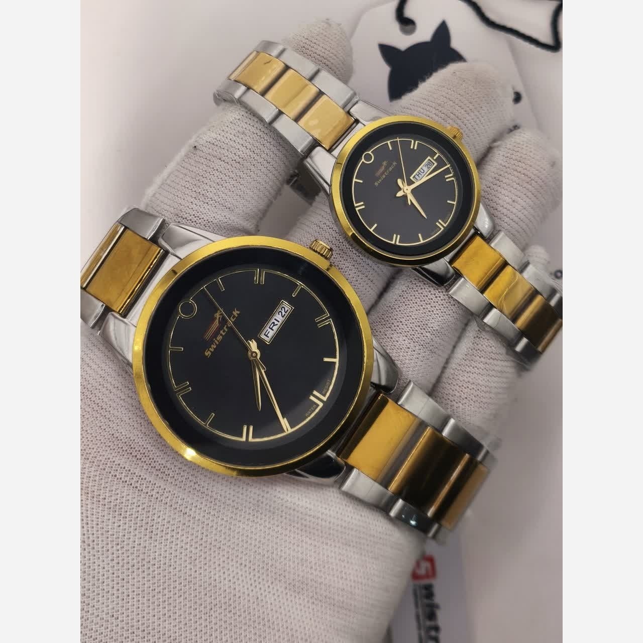 ست ساعت مچی زنانه و مردانه سویس تراک swistrack اصلی با جعبه موتور ژاپن - رگه طلایی