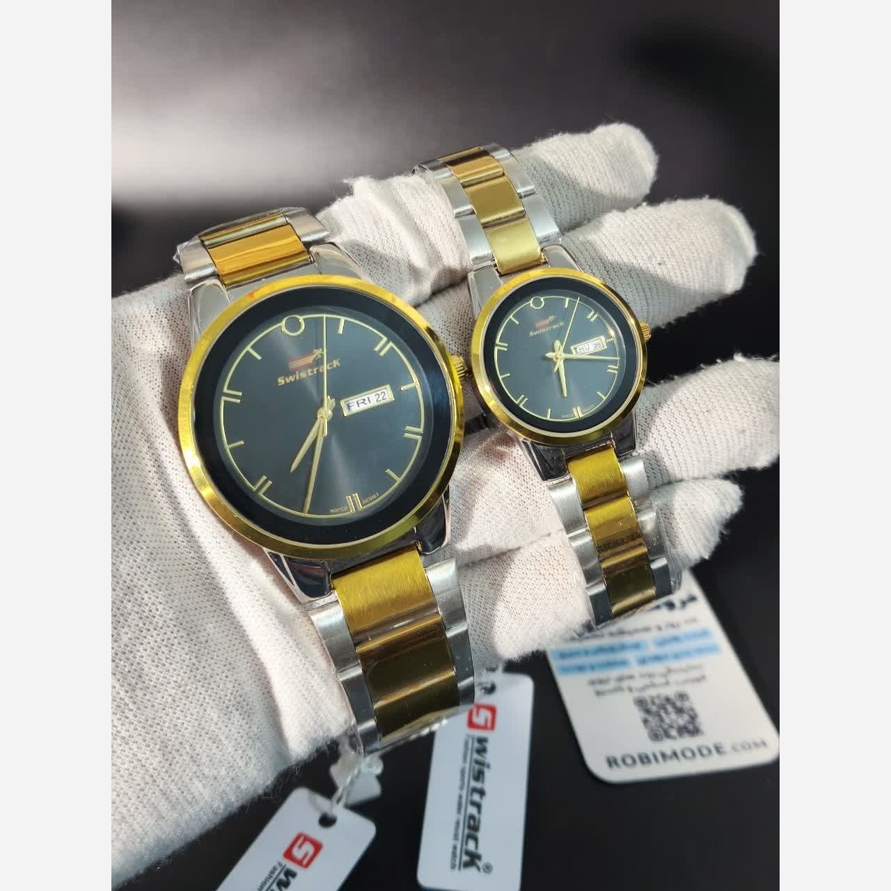 ست ساعت مچی زنانه و مردانه سویس تراک swistrack اصلی با جعبه موتور ژاپن - رگه طلایی