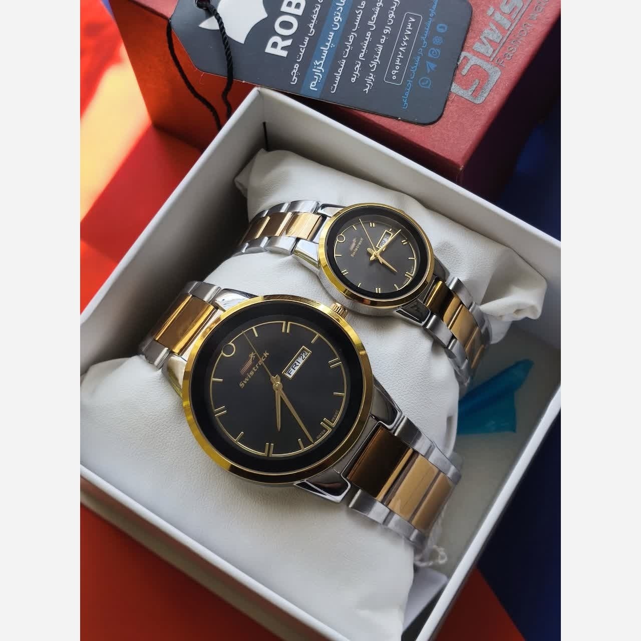 ست ساعت مچی زنانه و مردانه سویس تراک swistrack اصلی با جعبه موتور ژاپن - رگه طلایی