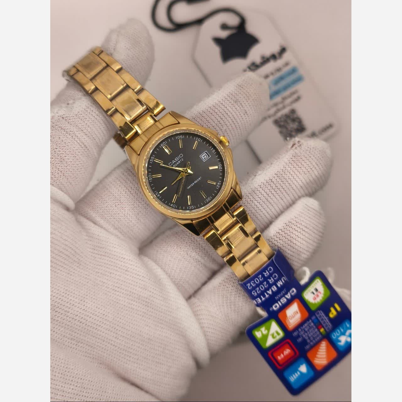 ساعت مچی زنانه کاسیو CASIO موتور ژاپنی بند طلایی صفحه مشکی + جعبه