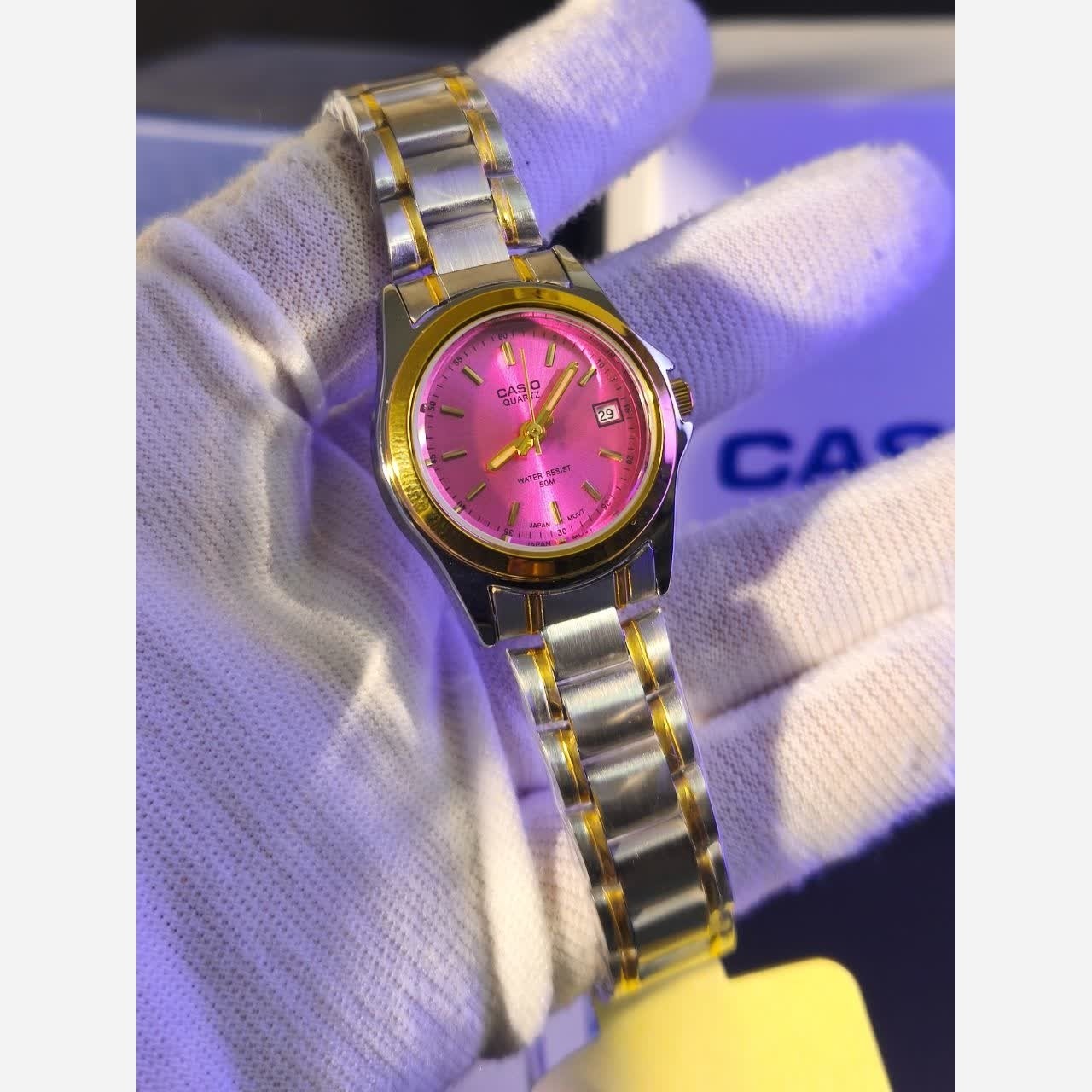 ساعت مچی زنانه کاسیو CASIO موتور ژاپنی صفحه صورتی + جعبه