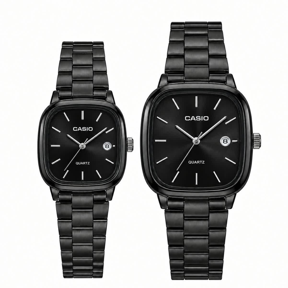 ست ساعت مچی زنانه و مردانه کاسیو اولدمانی CASIO موتور ژاپنی فول بلک + جعبه