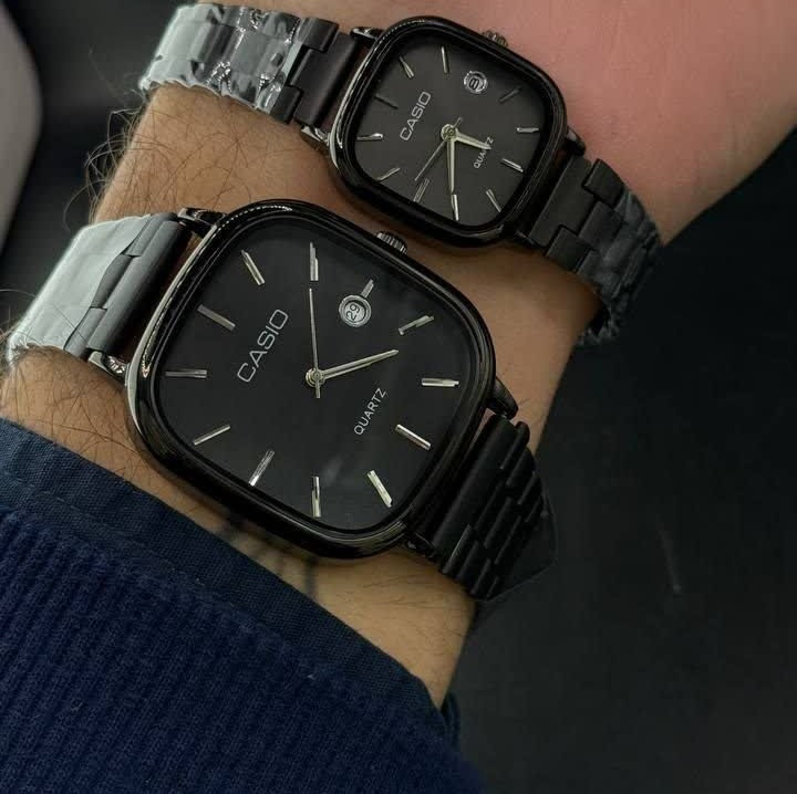 ست ساعت مچی زنانه و مردانه کاسیو اولدمانی CASIO موتور ژاپنی فول بلک + جعبه