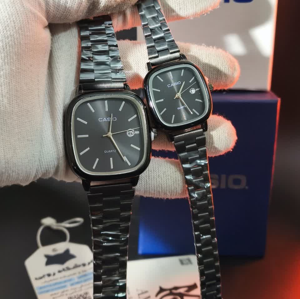 ست ساعت مچی زنانه و مردانه کاسیو اولدمانی CASIO موتور ژاپنی فول بلک + جعبه