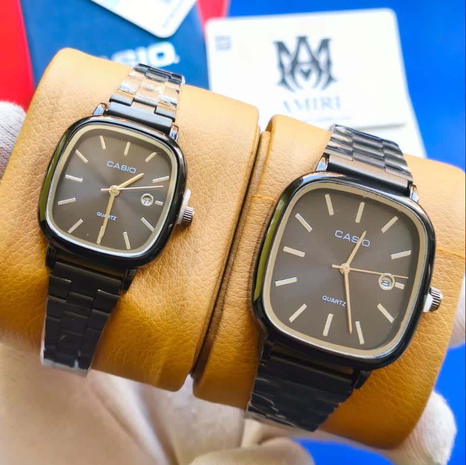 ست ساعت مچی زنانه و مردانه کاسیو اولدمانی CASIO موتور ژاپنی فول بلک + جعبه