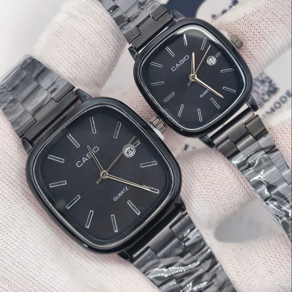 ست ساعت مچی زنانه و مردانه کاسیو اولدمانی CASIO موتور ژاپنی فول بلک + جعبه