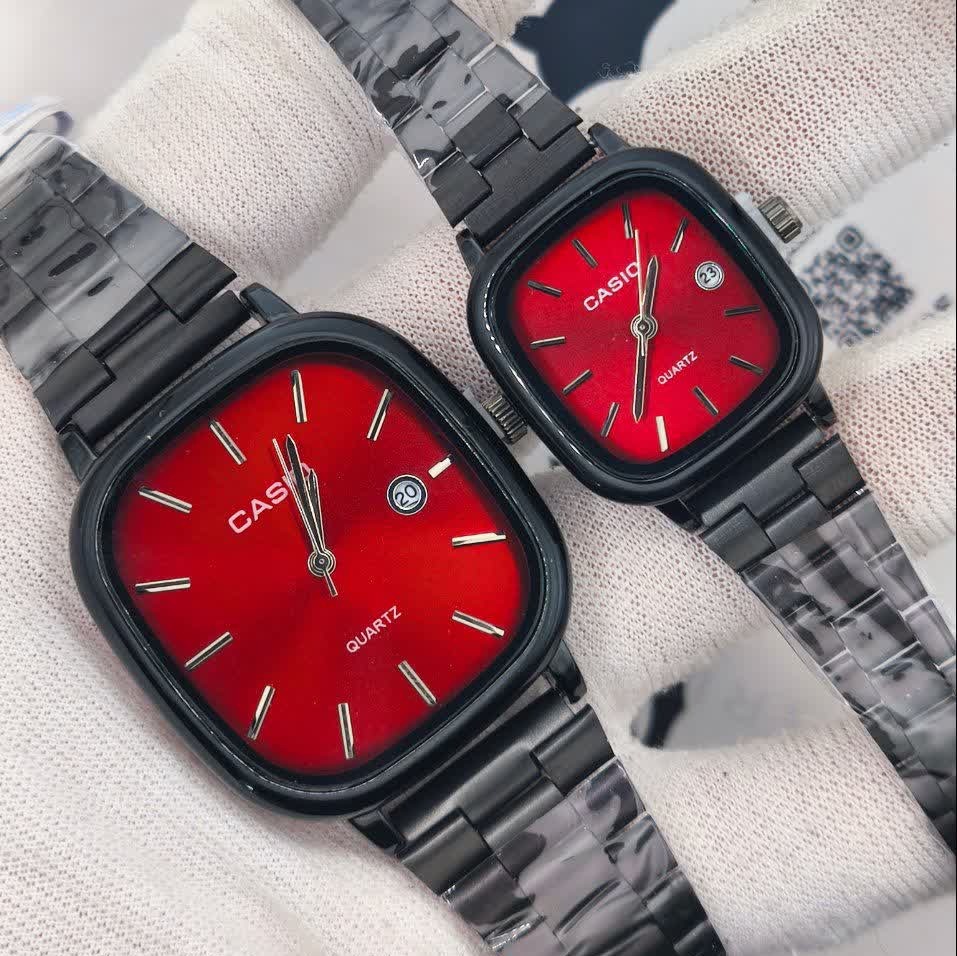 ست ساعت مچی زنانه و مردانه کاسیو اولدمانی CASIO موتور ژاپنی مشکی سرخ + جعبه